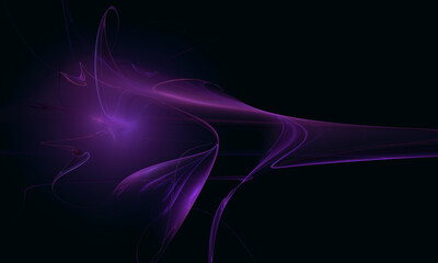 Wall Mural - Elegant swaying and fluttering curves in purple violet light of dark space. Fairy digital 3d illustration with gentle glow and shimmer. Dance of luminous substance in abyss. Mystic and sacrament.