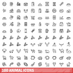 Wall Mural - 100 animal icons set. Outline illustration of 100 animal icons vector set isolated on white background