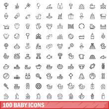 100 Baby Icons Set. Outline Illustration Of 100 Baby Icons Vector Set Isolated On White Background