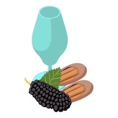 Sticker - Vegetarian product icon isometric vector. Stemmed glass, black mulberry and pecan. Natural ingredient, healthy food, still life
