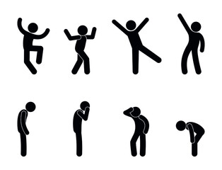 Wall Mural - icon people cheerful and sad, various emotions are expressed by the pose of a person, stick figure man isolated silhouette