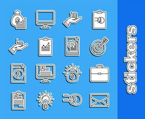 Wall Mural - Set line Envelope, Briefcase, Target, Money on hand, Clipboard with graph chart, bag diagram and Document icon. Vector