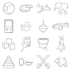 Sticker - Toys icons set in outline style isolated on white background