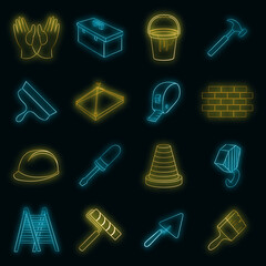 Poster - Working tools icons set in neon style. Construction elements set collection vector illustration