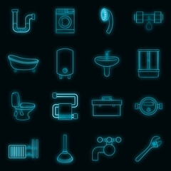Poster - Bathroom icons set in neon style. Plumbing service set collection vector illustration