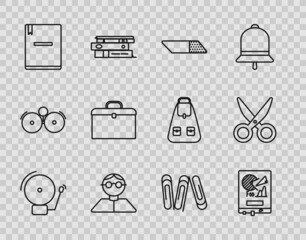 Sticker - Set line Ringing alarm bell, Board with graph chart, Eraser or rubber, Student, Notebook, Briefcase, Paper clip and Scissors icon. Vector