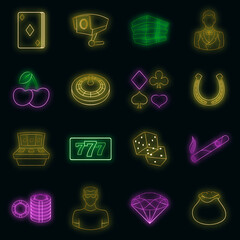 Poster - Casino icons set in neon style. Gambling set collection vector illustration