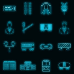 Poster - Railway icons set in neon style. Rail transportation set collection vector illustration