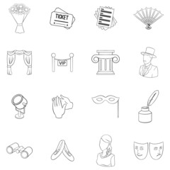 Sticker - Theatre set icons in outline style isolated on white background