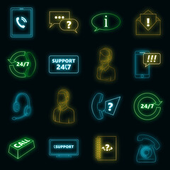 Poster - Call center icons set. Illustration of 16 call center vector icons neon color on black