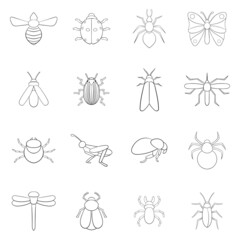 Poster - insects set icons in outline style isolated on white background