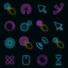 Poster - Click cursors icons set. Illustration of 16 Click cursors vector icons neon color on black