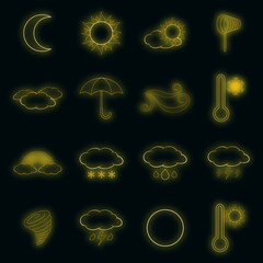 Canvas Print - Weather icons set. Illustration of 16 weather vector icons neon color on black
