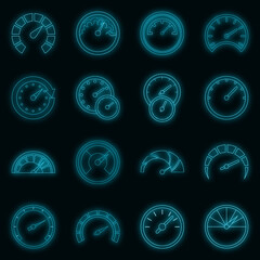Poster - Speedometer icons set. Illustration of 16 speedometer vector icons neon color on black