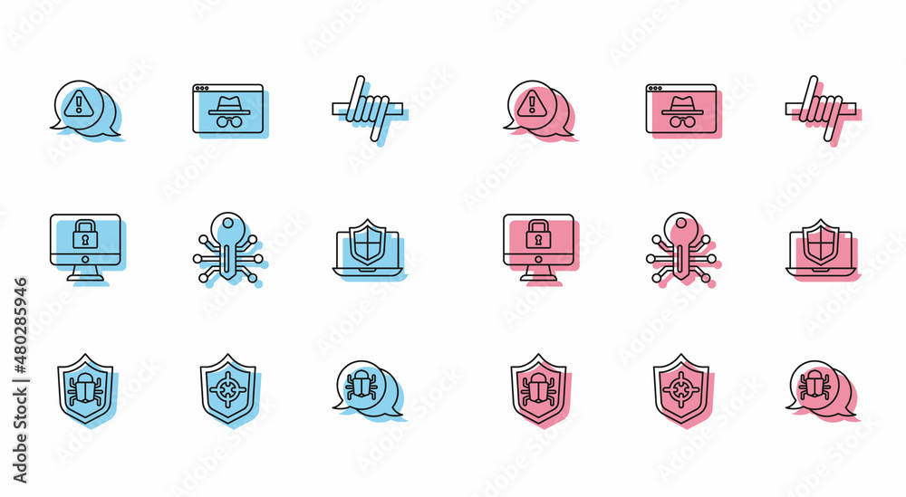 Set line System bug, Shield, Exclamation mark in triangle, Smart key ...