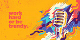 Fototapeta Młodzieżowe - Colorful background in abstract style with retro microphone and splashing shapes. Vector illustration.