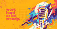 Colorful Background In Abstract Style With Retro Microphone And Splashing Shapes. Vector Illustration.