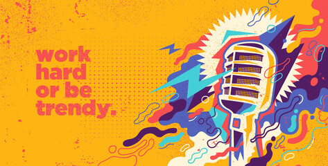 Wall Mural - Colorful background in abstract style with retro microphone and splashing shapes. Vector illustration.