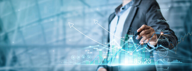 Aufkleber - ..Businessman draw graph growth of business amid the global economic crisis, Strategy and planning, Recovery of business,  Analyzing and data exchange on global networking.