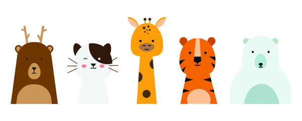 Wall Mural - set of cute animal illustrations in flat design style. a simple drawing of an animal's head. cat, giraffe, tiger, etc. an element vector decoration for kid's design.