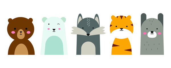 Wall Mural - set of cute animal illustrations in flat design style. a simple drawing of an animal's head. bear, fox, tiger, etc. an element vector decoration for kid's design.