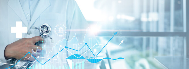Poster - Healthcare business graph data and growth of investment, Doctor hold stethoscope and analyzing medical examination report, Virus pandemic develop attention healthcare and rising growth in hospital.