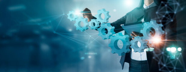 Poster - Businesswoman drawing connect pieces of gears wheel to success on network background, Development, Teamwork and partnership  concept