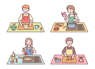 Poster - People who cook in aprons are spreading dough, reading cookbooks, slicing vegetables and frying food. flat design style vector illustration.