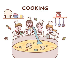 Wall Mural - Cute chefs are boiling soup together in a huge pot. flat design style vector illustration.