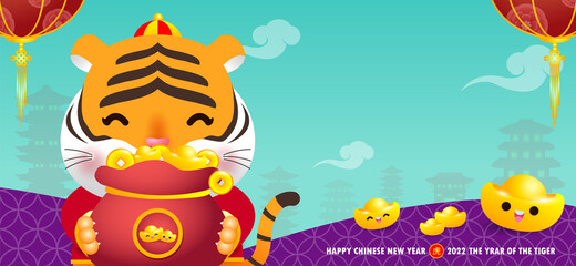 Happy chinese new year 2022 cute little tiger holding gold ingots year of the tiger zodiac, greeting card gong xi fa cai, Cartoon isolated vector illustration, Translation chinese New Year.