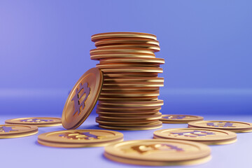 Fototapete - 3d illustration A lot of bitcoins Cryptocurrency Gold Bitcoin BTC Bit Coin. Close-up of bitcoin coins, Blockchain technology, bitcoin mining concept.