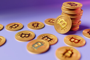 Fototapete - 3d illustration A lot of bitcoins Cryptocurrency Gold Bitcoin BTC Bit Coin. Close-up of bitcoin coins, Blockchain technology, bitcoin mining concept.