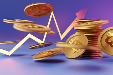 Fototapete - 3d illustration A lot of bitcoins Cryptocurrency Gold Bitcoin BTC Bit Coin with growth graph. Close-up of bitcoin coins, Blockchain technology, bitcoin mining concept.