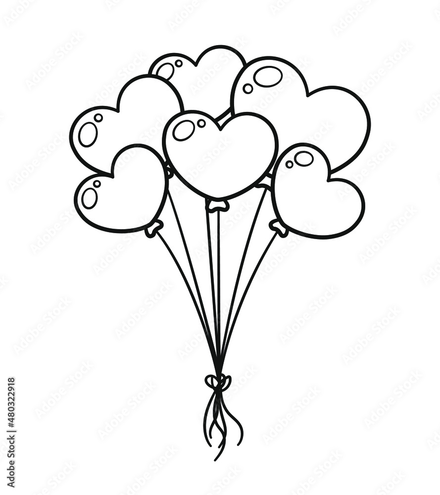 Group of heart balloons tied together cartoon outline vector clipart ...
