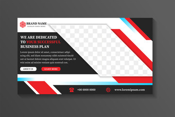 Poster - successful business plan horizontal banner design. Template vector header with diagonal elements for photo and text. Material design of the banner for the web or landing page.