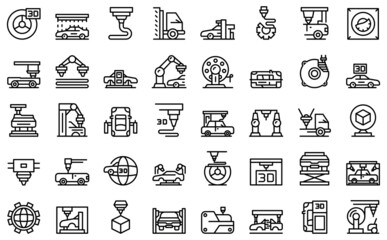 Poster - 3D cars printing icons set outline vector. Computer printer. Car auto factory