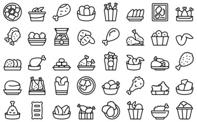 Chicken nuggets icons set outline vector. Basket grill. Finger cook