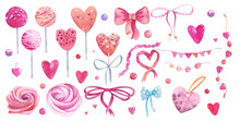 Clipart From Watercolor Illustrations. Heart-shaped Lollipops, Heart Candies, Marshmallows, Satin Ribbons, Bows, Beads, Flags. The Main Color Is Pink. Sweet Love Mood For Your Designs.