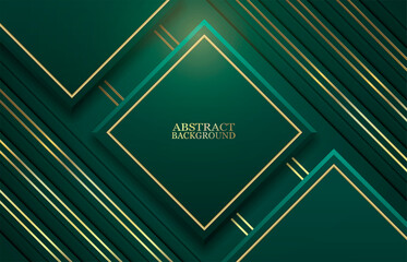 Wall Mural - Abstract green background with golden glowing stripes and square frame. Vector illustration.