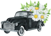 Watercolor Black Retro Truck With Daisy Flowers.