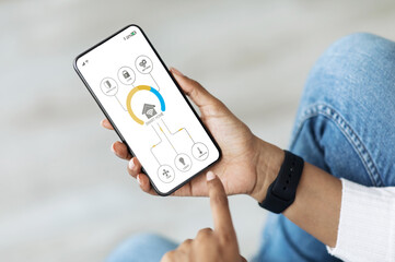 Poster - African american woman using smart home automation assistant on cellphone