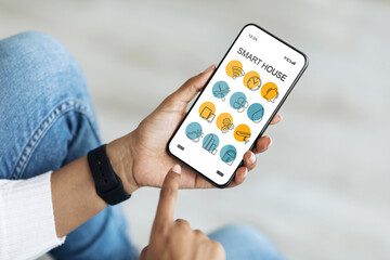 Poster - Cellphone with smart home app in black lady hands, closeup