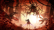 The Confrontation Of A Beautiful Cyber Girl With Electric Furnaces Against A Huge Robot With A Bunch Of Iron Tentacles With Red Lasers, At Sunset In The Middle Of The Ruins Apocalyptic City. 2d Art