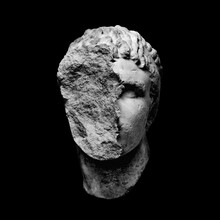 Illustration Of Broken Head Sculpture Of Classical Style Isolated On Black Background In Grey Scale From 3D Texture Displacement Rendering.
