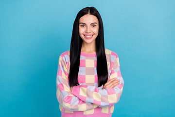 Wall Mural - Photo of pretty confident lady dressed print pullover arms crossed smiling isolated blue color background