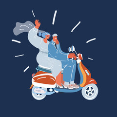 Cartoon vector illustration of bride and a groom riding a scooter