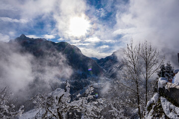 Winter mist and snowy mountain view