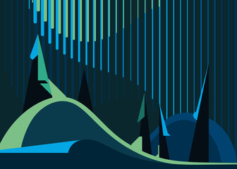 Wall Mural - Banner with aurora borealis and forest. Placard design in abstract style.