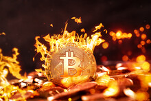 Golden Bitcoin Coin Is On Fire, Burning Cryptocurrency BTC Drops, Online Currency Value Loss, Fire