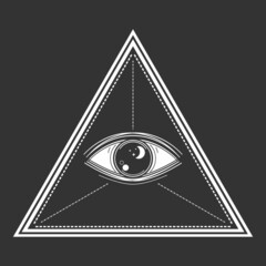 Sticker - Eye of Providence , All seeing eye of god in triangle on black background white icon flat vector design.